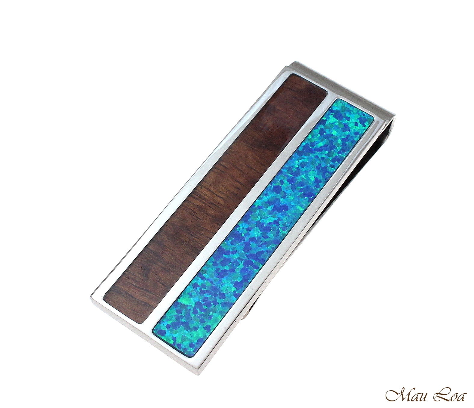 Stainless Steel Genuine Hawaiian Koa Wood Blue Opal 20mm Money Clip Cash Holder