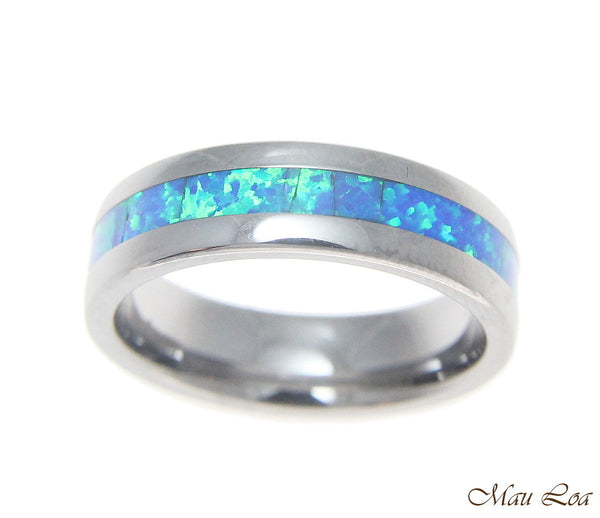 Tungsten 6mm Wedding Band Ring Unisex Blue Opal Inlay Comfort Fit Size 5-13