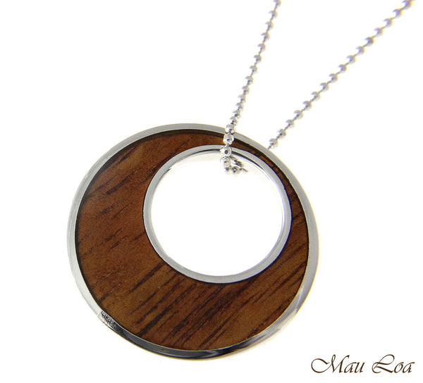 Koa Wood Hawaiian Scroll Circle Ocean Wave Rhodium Silver Plated Brass Pendant
