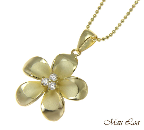 925 Sterling Silver Yellow Gold Hawaiian Plumeria Flower 3 CZ Pendant 12-30mm