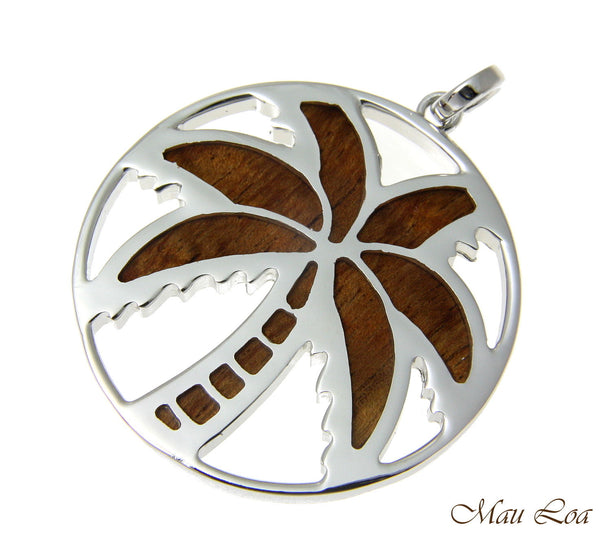 Koa Wood Hawaiian Circle Palm Tree Rhodium Silver Plated Brass 2 Sided Pendant