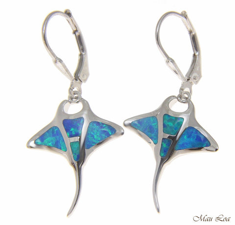 925 Sterling Silver Rhodium Hawaiian Manta Ray Fish Blue Opal Leverback Earrings