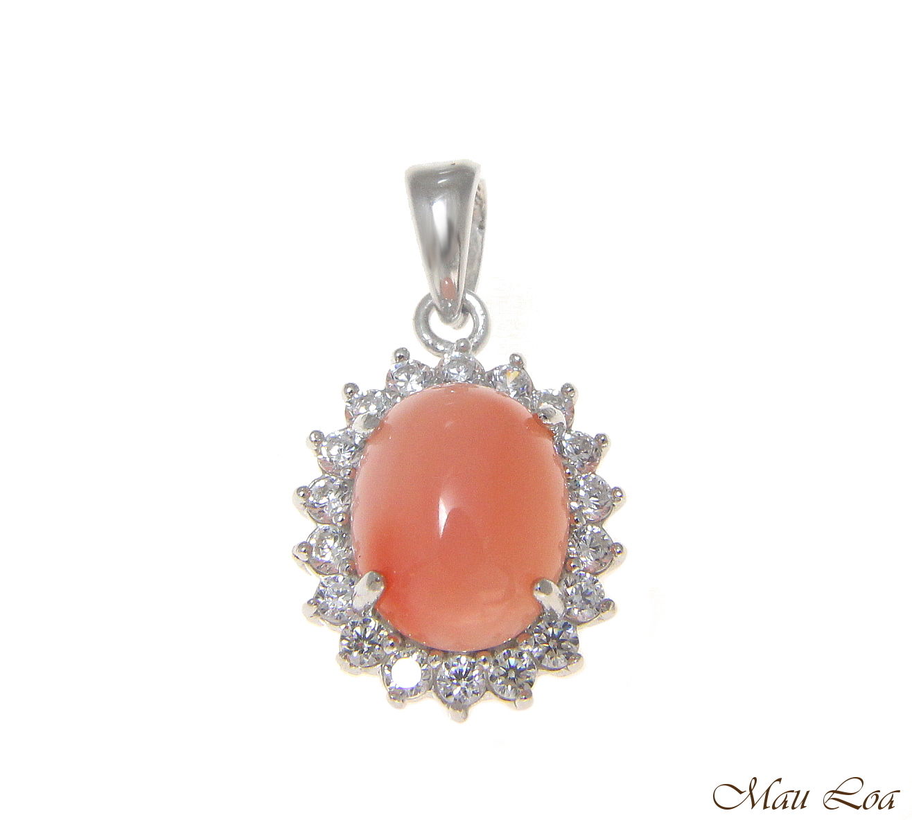 925 Sterling Silver Rhodium CZ Genuine Natural 8x10mm Oval Pink Coral Pendant