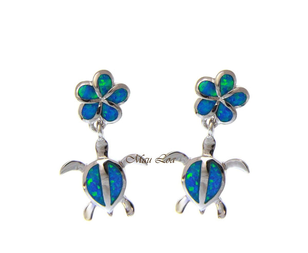 925 Sterling Silver Hawaiian Plumeria Flower Honu Sea Turtle Opal Post Earrings