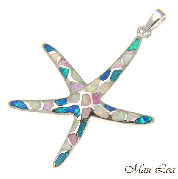 925 Silver Rhodium Hawaiian Starfish Sea Star Multi Blue White PInk Opal Pendant
