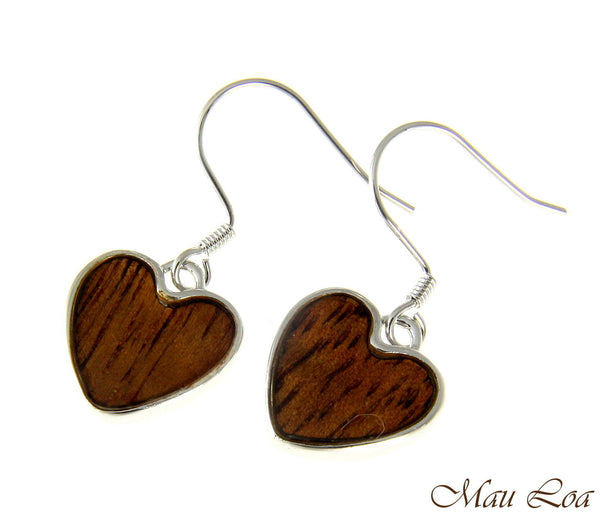 Koa Wood Hawaiian Heart Rhodium Silver Plated Brass Hook Wire Earrings