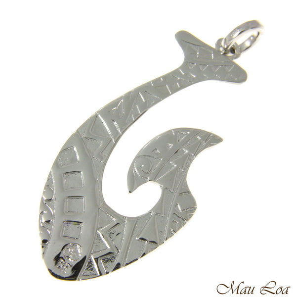 Koa Wood Hawaiian Wave Fish Hook Rhodium Silver Plated Brass Reversible Pendant
