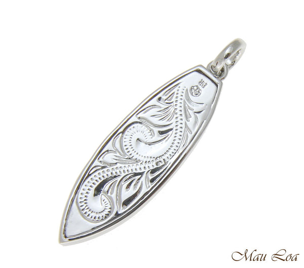 Koa Wood Hawaiian Honu Sea Turtle Surfboard Rhodium Silver Plated Brass Pendant