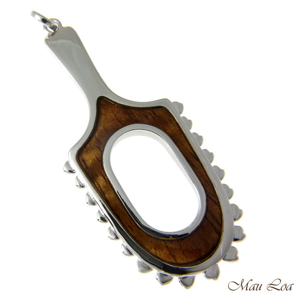 Koa Wood Hawaiian Polynesian Leiomano Shark Teeth Weapon Rhodium Brass Pendant