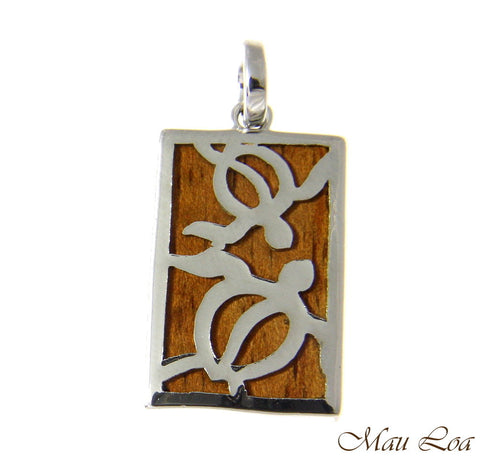 Koa Wood Hawaiian Scroll Vertical Honu Turtle Rhodium Brass Reversible Pendant