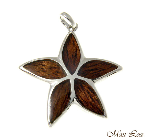 Koa Wood Hawaiian Plumeria Tropical Flower Rhodium Silver Plated Brass Pendant