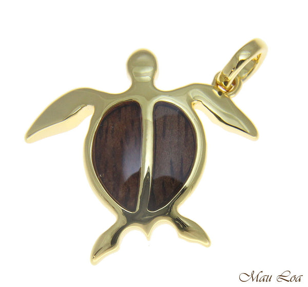 Koa Wood Hawaiian Honu Sea Turtle Yellow Gold Plated Brass Pendant