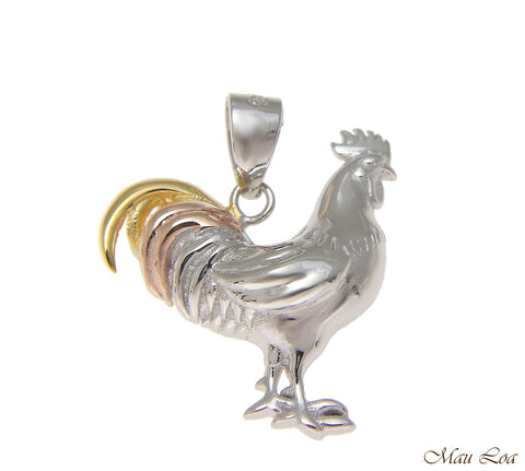 925 Sterling Silver Tricolor Yellow Pink Rhodium Rooster Cock Chicken Pendant