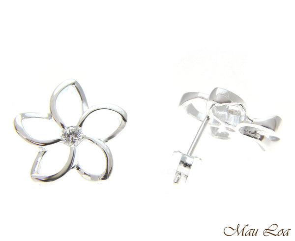 925 Silver Hawaiian Floating Outline Plumeria Flower Post Earrings CZ 8-18mm