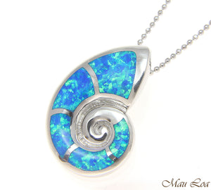 925 Sterling Silver Rhodium Hawaiian Nautilus Shell Blue Opal Slider Pendant