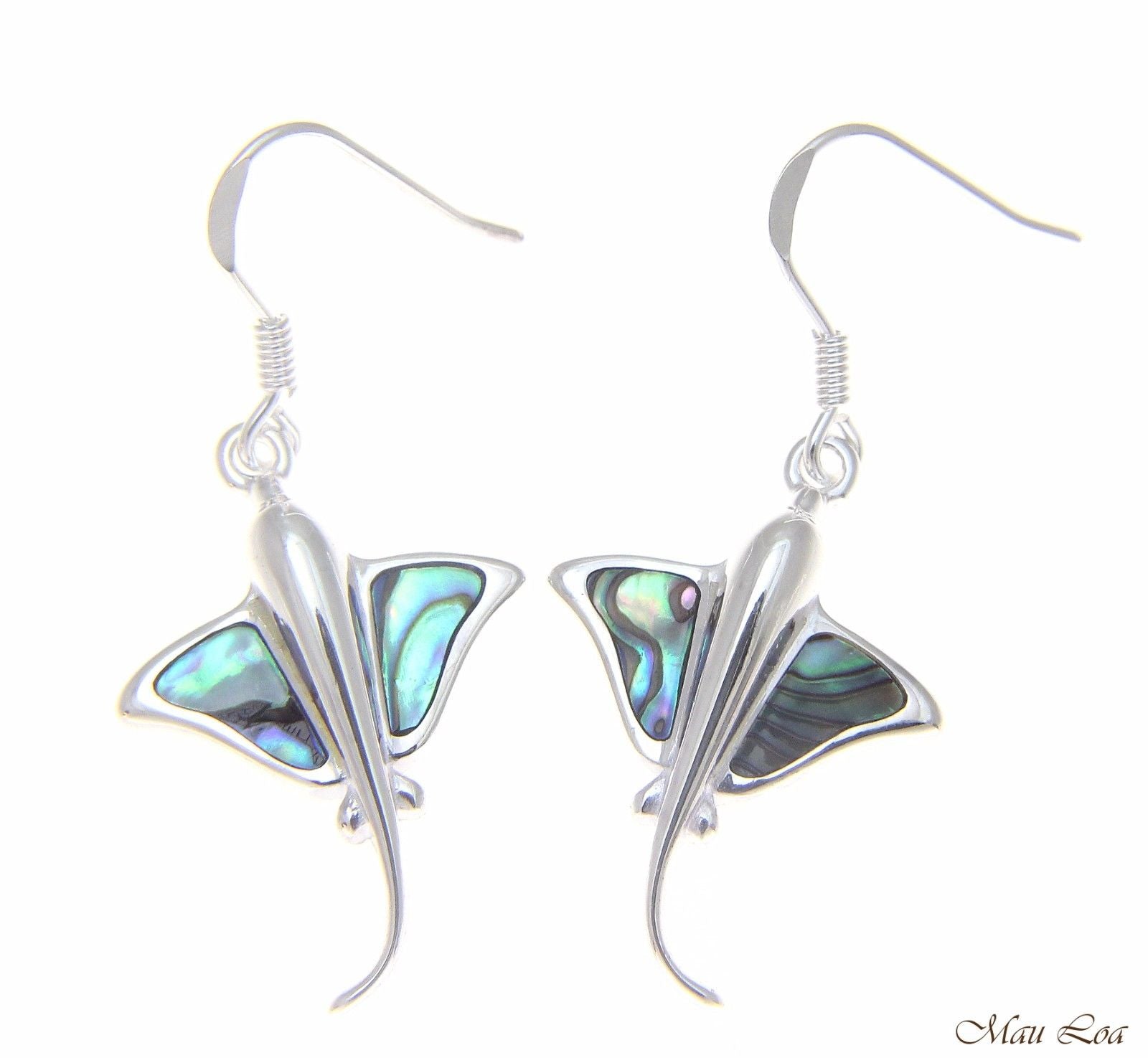 925 Sterling Silver Hawaiian Stingray Fish Abalone Shell Paua Wire Hook Earrings
