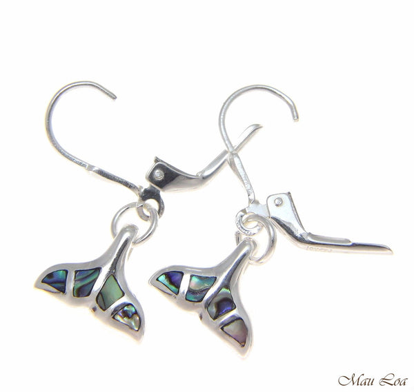 925 Sterling Silver Hawaiian Whale Tail Abalone Shell Paua Leverback Earrings