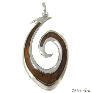 Koa Wood Hawaiian Wave Fish Hook Rhodium Silver Plated Brass Reversible Pendant