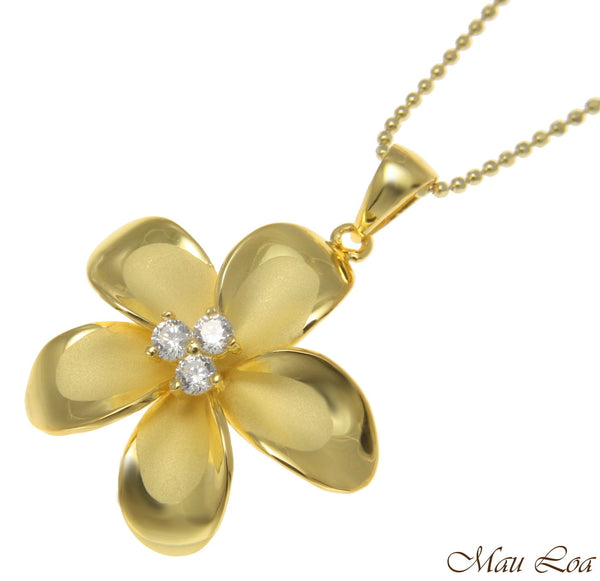 925 Sterling Silver Yellow Gold Hawaiian Plumeria Flower 3 CZ Pendant 12-30mm