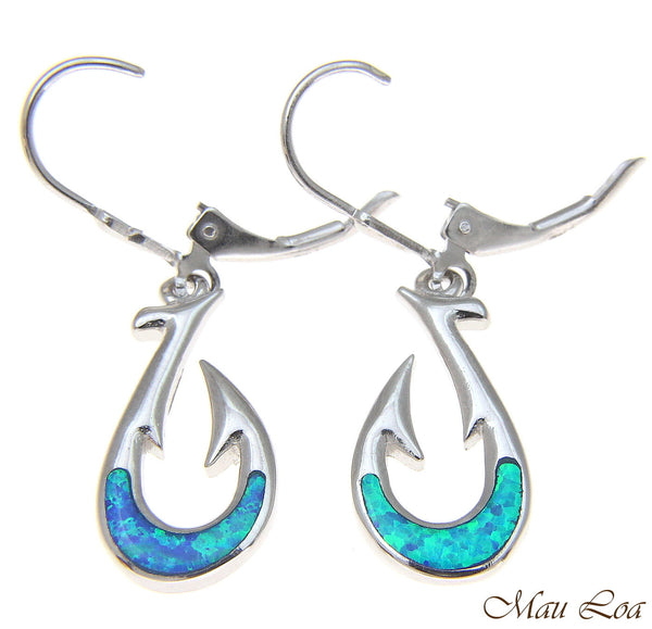 925 Sterling Silver Rhodium Hawaiian Fish Hook Blue Opal Leverback Earrings