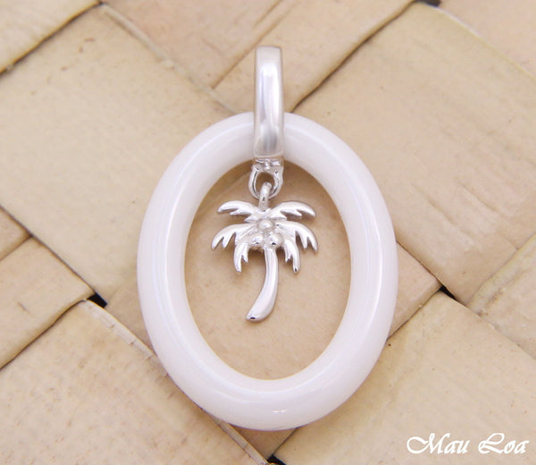 925 Sterling Silver Rhodium Hawaiian Palm Tree White Ceramic Oval Pendant