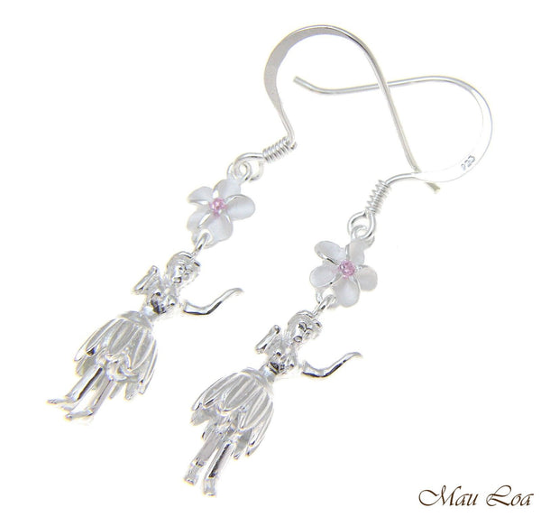 925 Silver Hawaiian Hula Girl Dancer Pink CZ Plumeria Flower Hook Wire Earrings