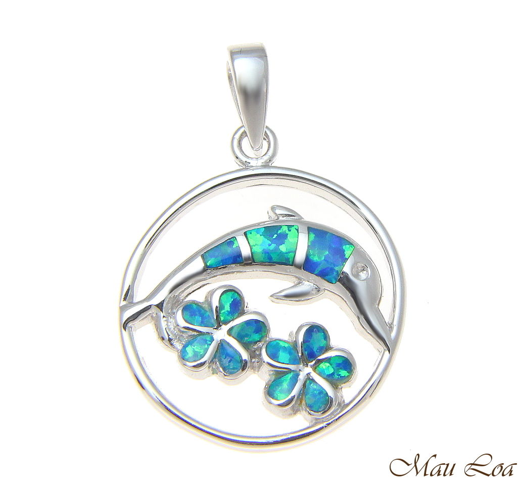 925 Sterling Silver Rhodium Hawaiian Dolphin Plumeria Flower Blue Opal Pendant