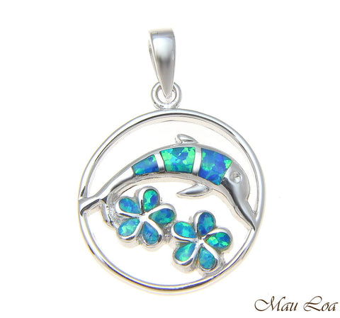 925 Sterling Silver Rhodium Hawaiian Dolphin Plumeria Flower Blue Opal Pendant