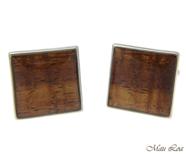 Koa Wood Hawaiian Rhodium Silver Plated Brass 18mm Square Shape Cufflink