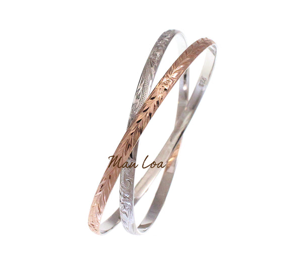 925 Sterling Silver Hawaiian Scroll Plumeria Maile Leaf 2T Rose Gold Plated 2 in 1 Bangle Size 7-9