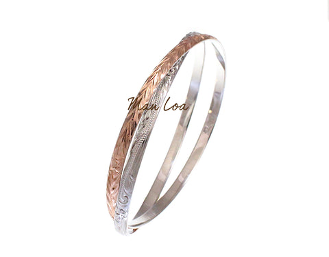 925 Sterling Silver Hawaiian Scroll Plumeria Maile Leaf 2T Rose Gold Plated 2 in 1 Bangle Size 7-9