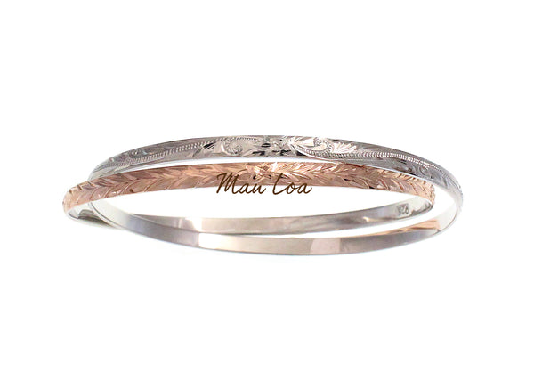 925 Sterling Silver Hawaiian Scroll Plumeria Maile Leaf 2T Rose Gold Plated 2 in 1 Bangle Size 7-9