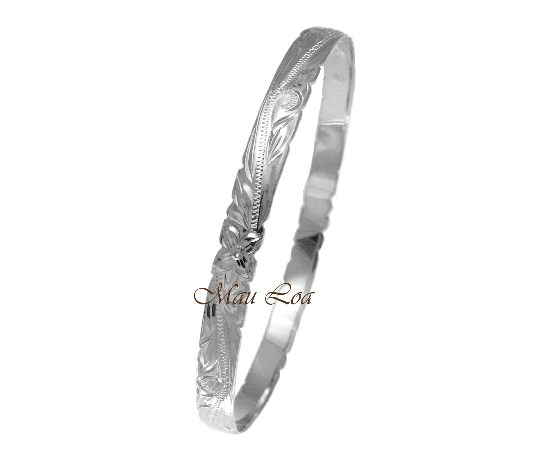 925 Silver Hawaiian Scroll Plumeria 6mm Cut Out Edge Bangle Size 7-9