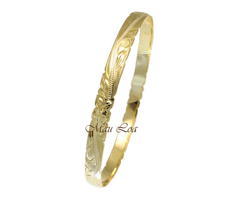 925 Sterling Silver Yellow Gold Plated Hawaiian Scroll Plumeria 6mm Cut Out Edge Bangle Size 7-9