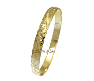 925 Sterling Silver Yellow Gold Plated Hawaiian Scroll Plumeria 8mm Cut Out Edge Bangle Size 7-9