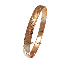 925 Sterling Silver Pink Rose Gold Plated Hawaiian Scroll Plumeria 8mm Cut Out Edge Bangle Size 7-9