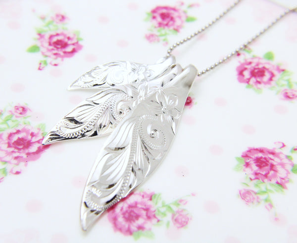 925 Sterling Silver 3 in 1 Hawaiian Engraved Plumeria Scroll Surfboard Pendant