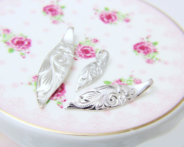 925 Sterling Silver 3 in 1 Hawaiian Engraved Plumeria Scroll Surfboard Pendant