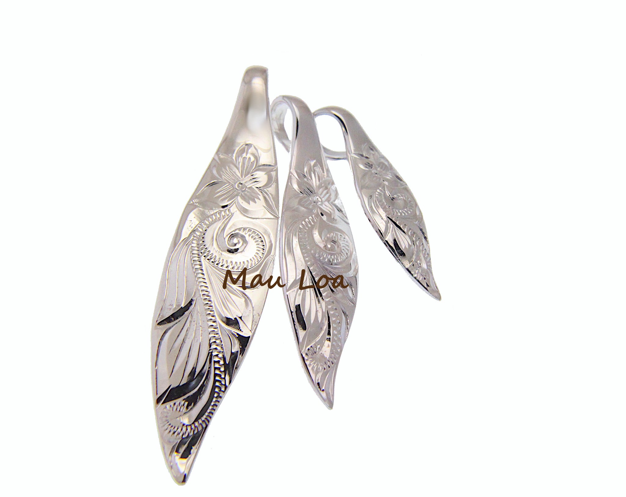 925 Sterling Silver 3 in 1 Hawaiian Engraved Plumeria Scroll Surfboard Pendant