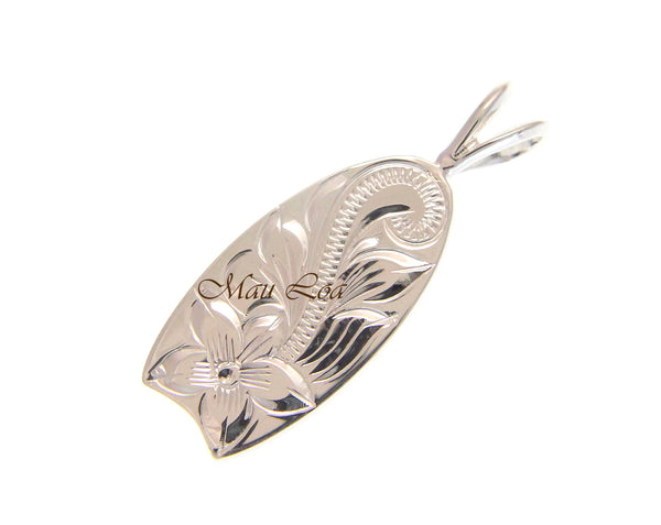 925 Sterling Silver Hawaiian Engraved Plumeria Flower Scroll Surfboard Pendant