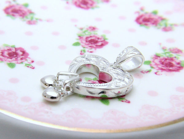 925 Sterling Silver Hawaiian Engraved Plumeria Flower Scroll Heart Pendant