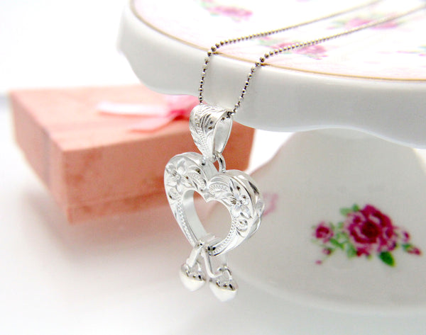 925 Sterling Silver Hawaiian Engraved Plumeria Flower Scroll Heart Pendant
