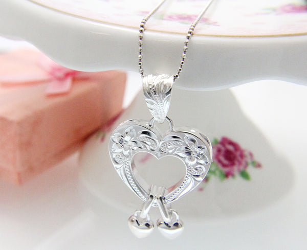 925 Sterling Silver Hawaiian Engraved Plumeria Flower Scroll Heart Pendant