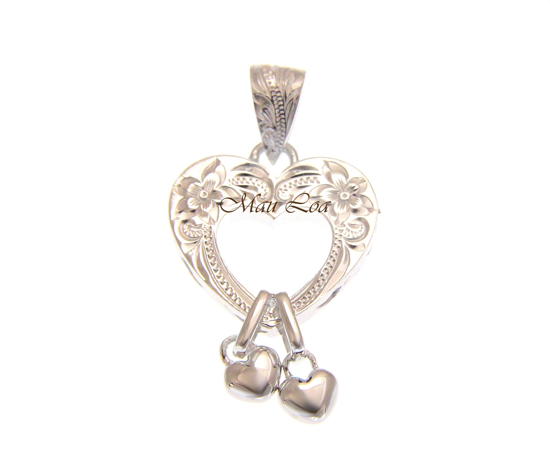 925 Sterling Silver Hawaiian Engraved Plumeria Flower Scroll Heart Pendant