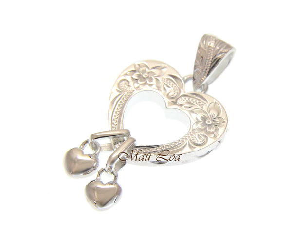 925 Sterling Silver Hawaiian Engraved Plumeria Flower Scroll Heart Pendant