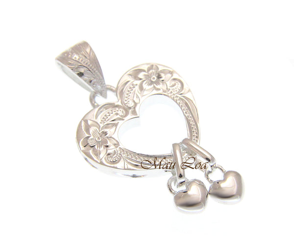925 Sterling Silver Hawaiian Engraved Plumeria Flower Scroll Heart Pendant