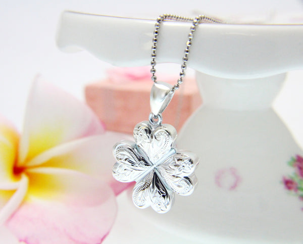 925 Sterling Silver Hawaiian Plumeria Flower Scroll 4 Leaf Clover Pendant