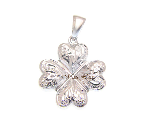 925 Sterling Silver Hawaiian Plumeria Flower Scroll 4 Leaf Clover Pendant