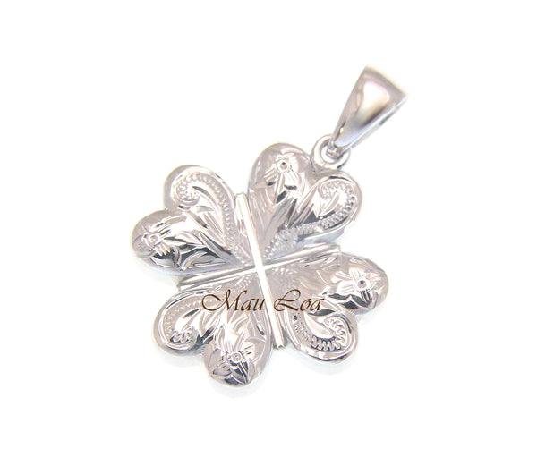 925 Sterling Silver Hawaiian Plumeria Flower Scroll 4 Leaf Clover Pendant