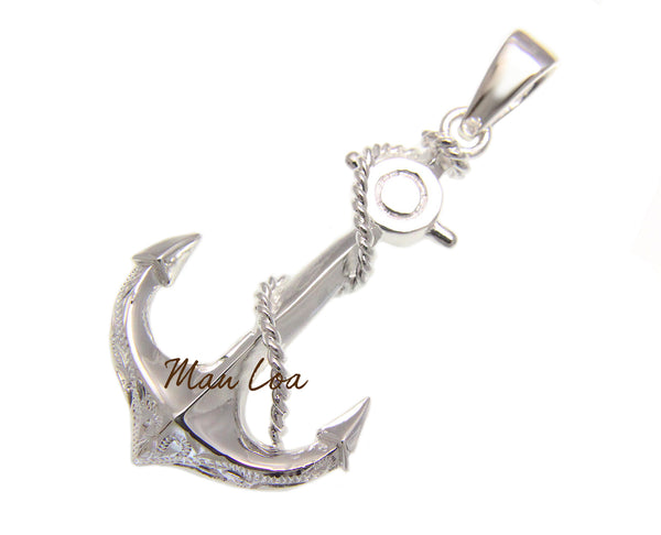 925 Sterling Silver Hawaiian Scroll Engraved Anchor Pendant